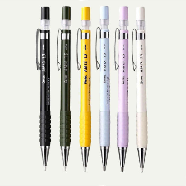 Pentel AM13 Mechanical Pencil 1.3mm available in six colors, perfect for writing and drawing.