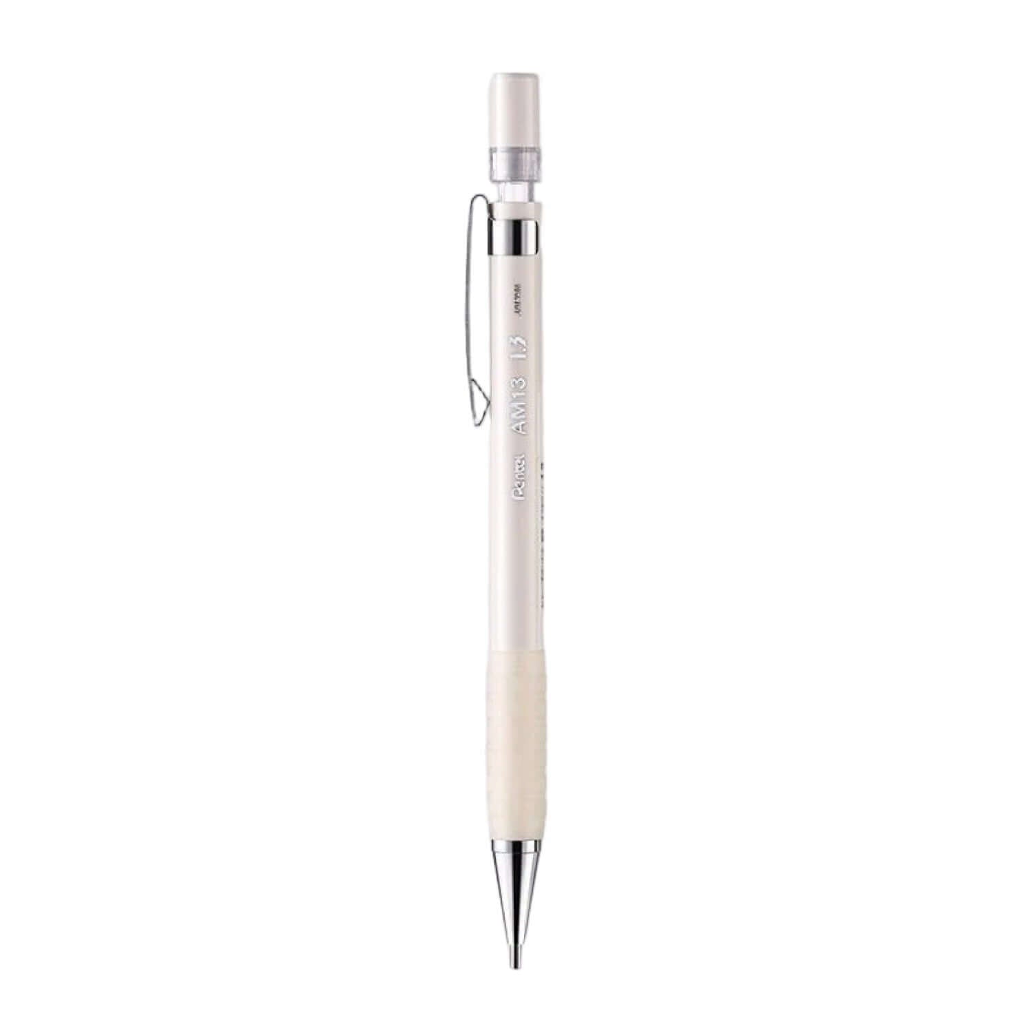 Pentel AM13 Mechanical Pencil 1.3mm with non-slip grip, adjustable clip, and replaceable eraser.