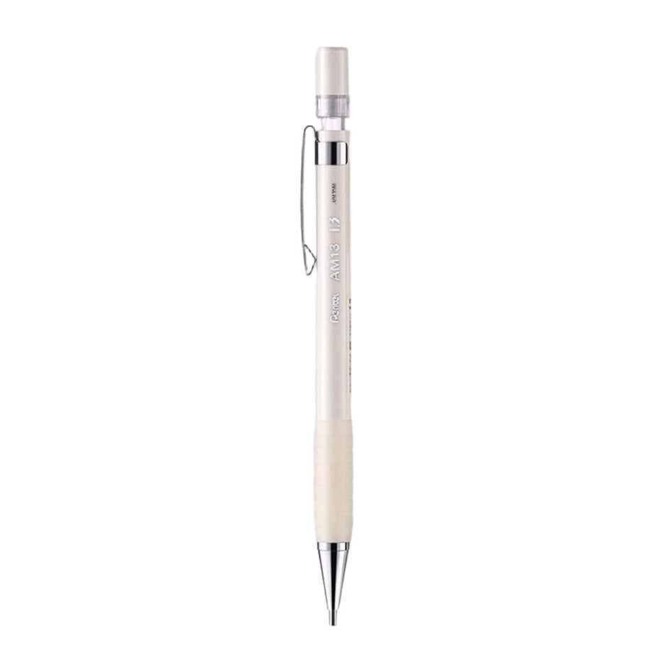 Pentel AM13 Mechanical Pencil 1.3mm with non-slip grip, adjustable clip, and replaceable eraser.