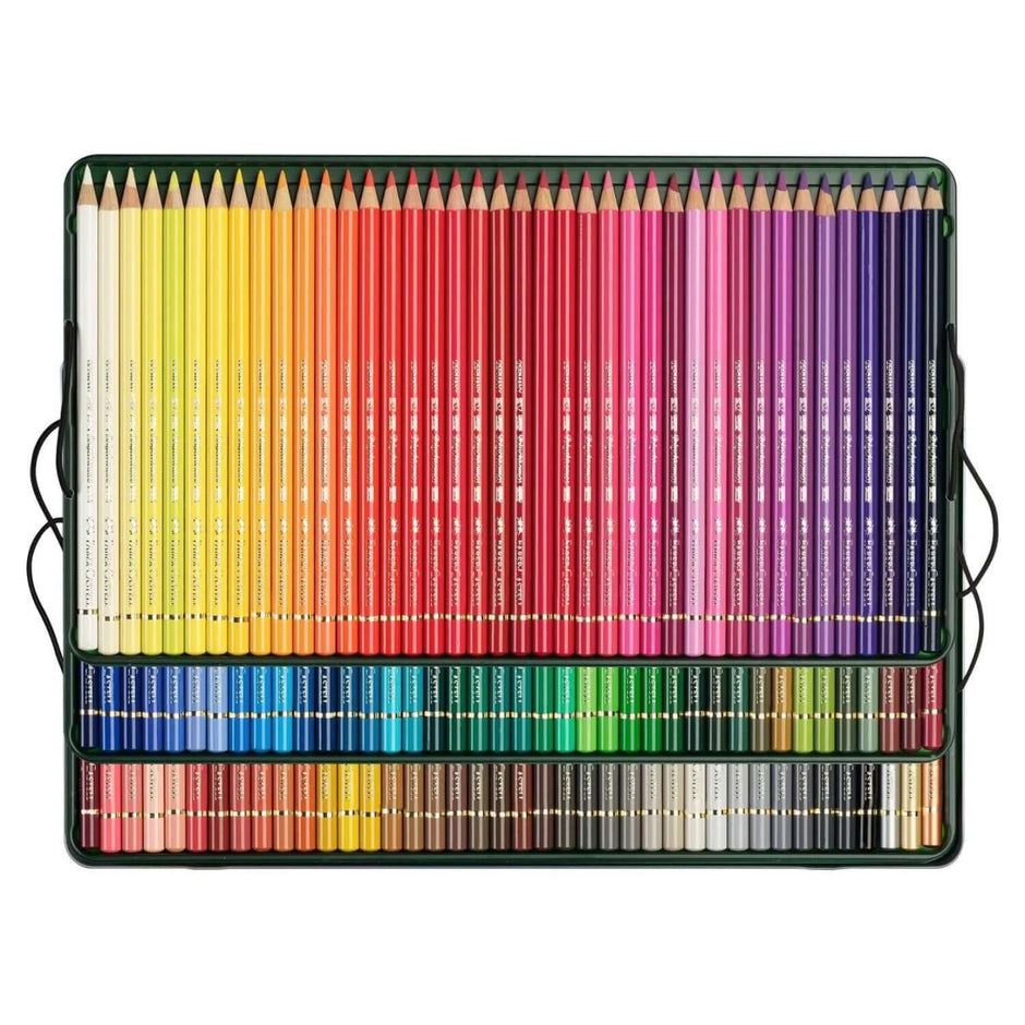 Faber Castell Polychromos Colour Pencil 120 Shades set showcasing vibrant colors arranged in a tin box.