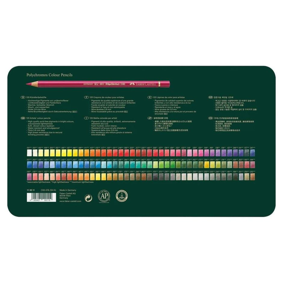 Faber Castell Polychromos Colour Pencil 120 Shades color chart showcasing vibrant pencil colors and information.