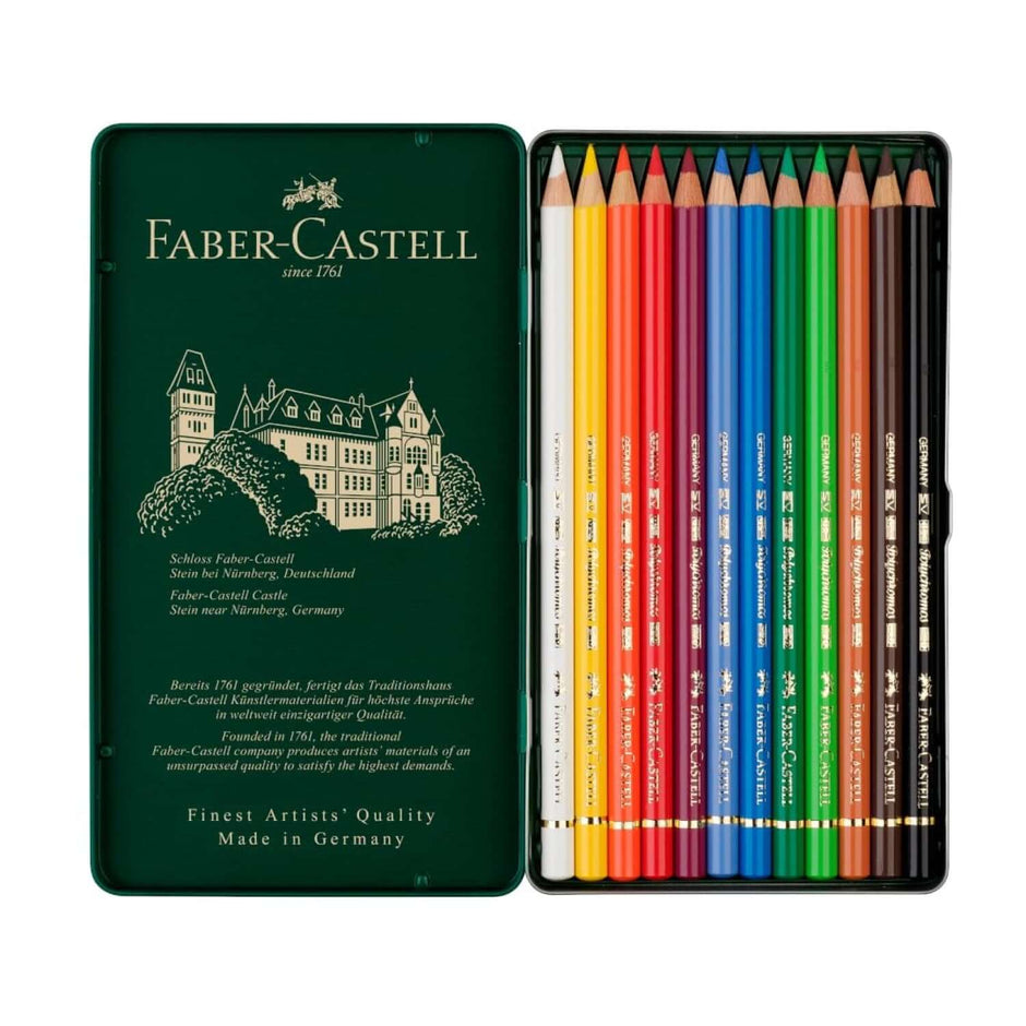Faber Castell Polychromos Colour Pencil 12 Shades in a green tin with intricate design and color variety.