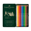 Faber Castell Polychromos Colour Pencil 12 Shades in a green tin with intricate design and color variety.