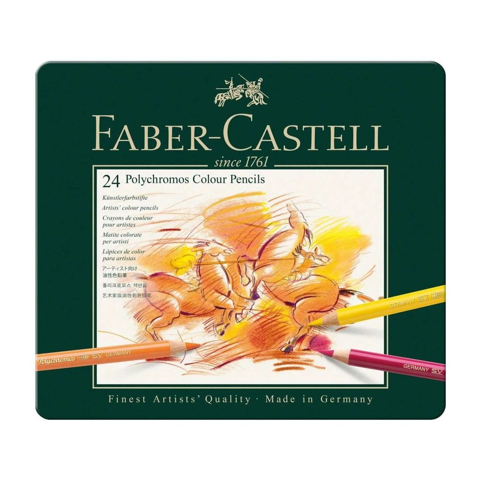 Faber Castell Polychromos Colour Pencil 24 Shades packaging and artwork with vibrant colored pencils.