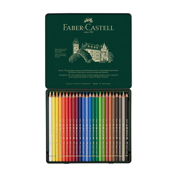 Faber Castell Polychromos Colour Pencil 24 Shades in a green tin box showcasing vibrant colors.