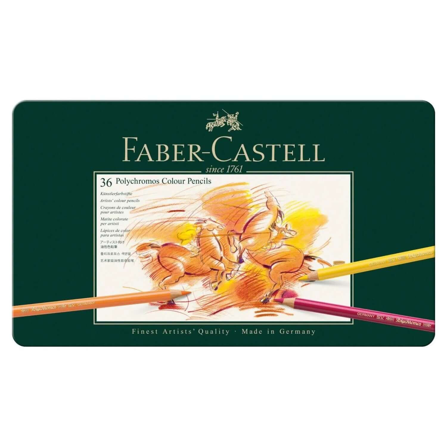 Faber Castell Polychromos Colour Pencil 36 Shades packaging featuring vibrant color pencils and artistic design.