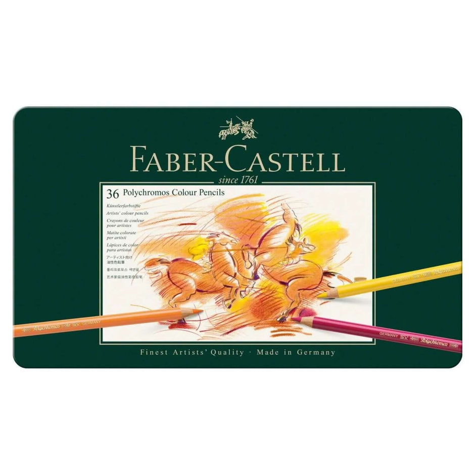 Faber Castell Polychromos Colour Pencil 36 Shades packaging featuring vibrant color pencils and artistic design.