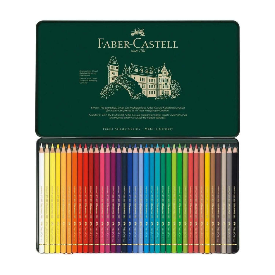 Faber Castell Polychromos Colour Pencil 36 Shades set in a metal tin, showcasing vibrant colored pencils.