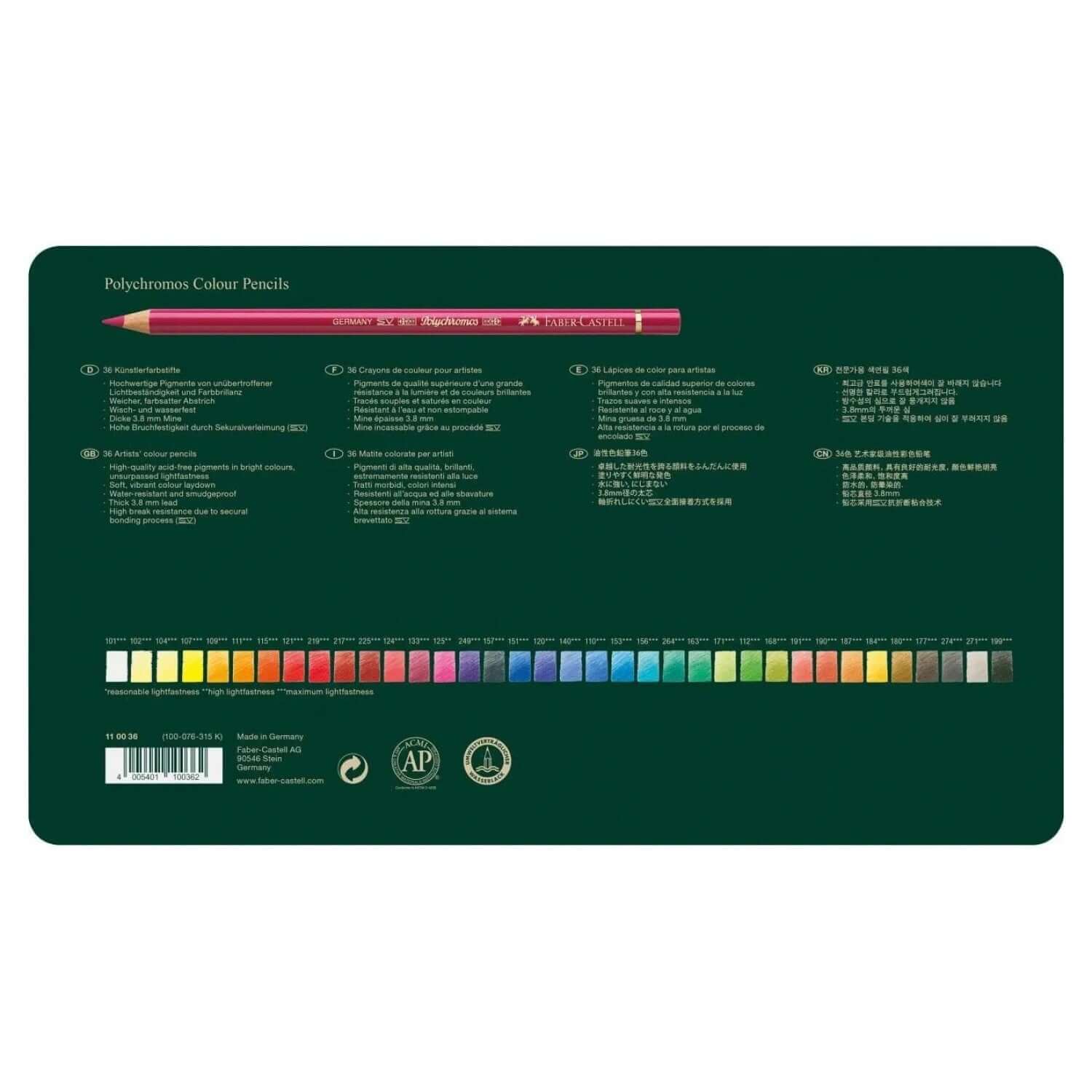 Faber Castell Polychromos Colour Pencil 36 Shades back packaging displaying color range and descriptions