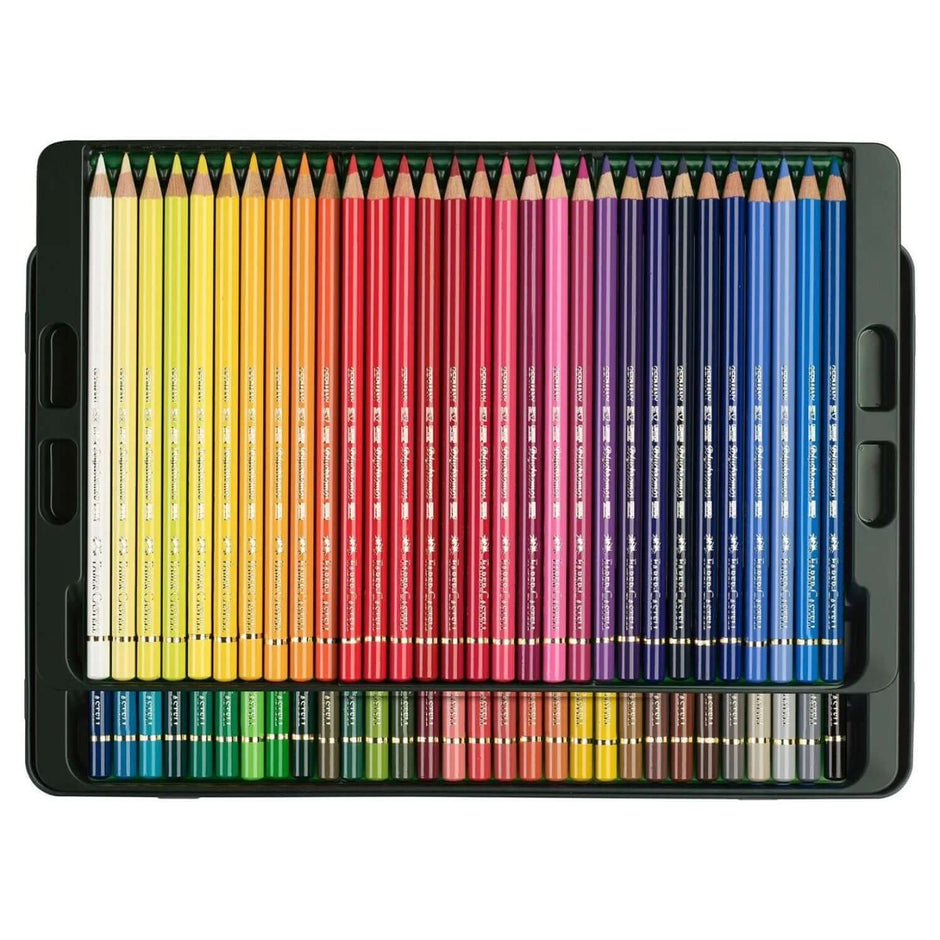 Faber Castell Polychromos Colour Pencil 60 Shades arranged in a black case, showcasing vibrant colors for artists.