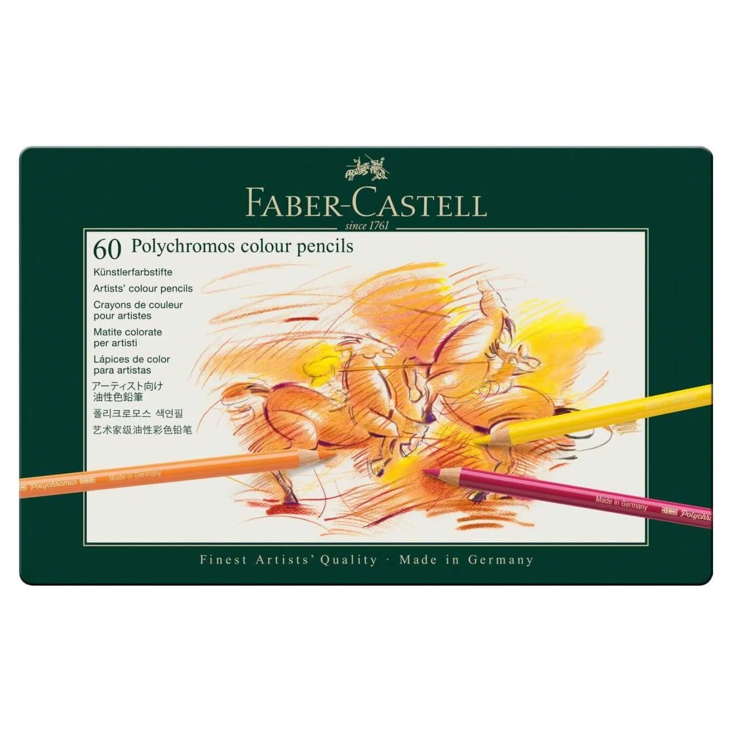 Faber Castell Polychromos Colour Pencil 60 Shades in colorful packaging showcasing art design.