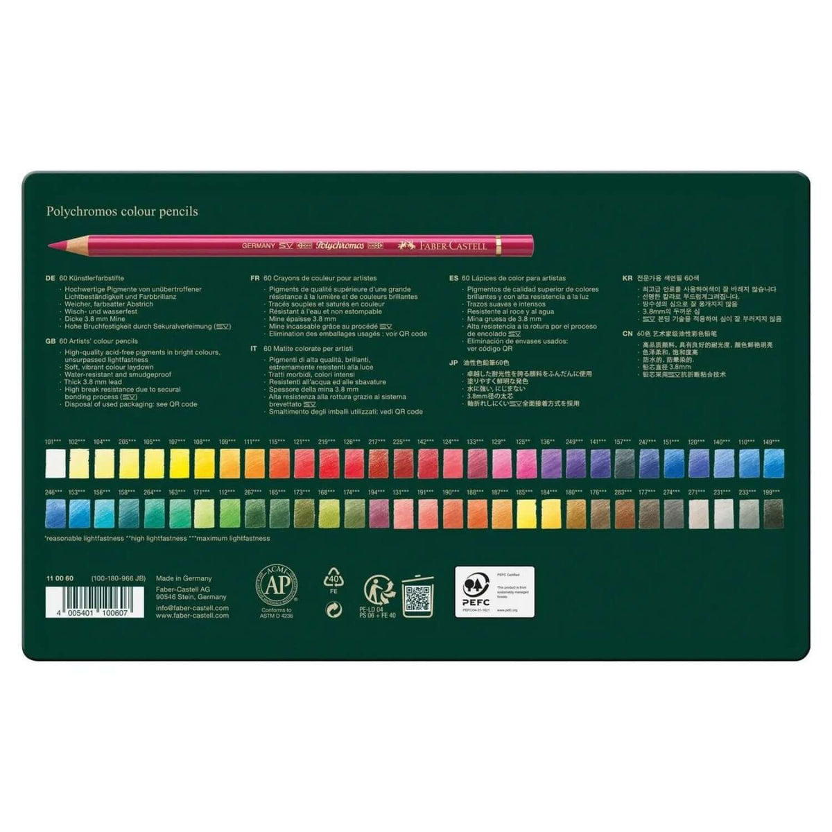 Faber Castell Polychromos Colour Pencil 60 Shades back packaging with color swatches and product information.
