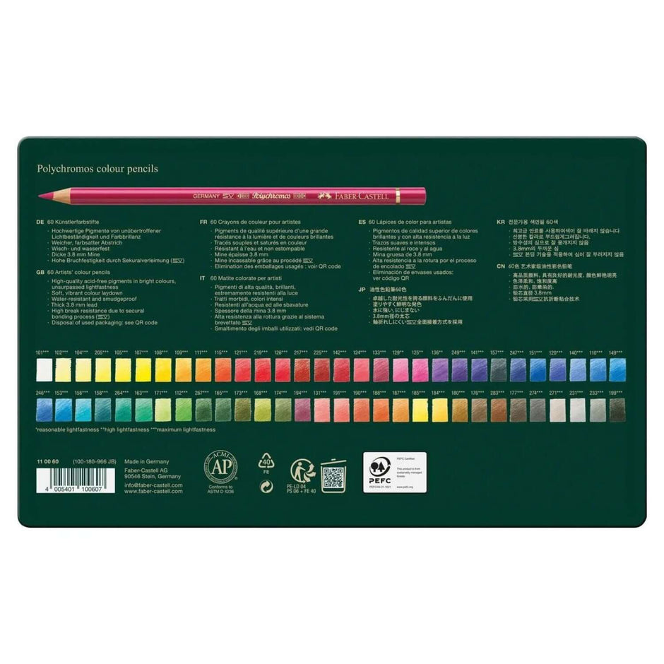 Faber Castell Polychromos Colour Pencil 60 Shades back packaging with color swatches and product information.