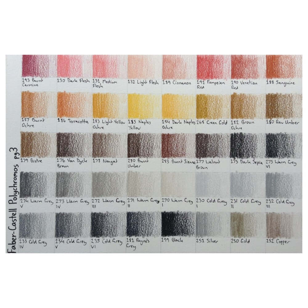 Faber Castell Polychromos Colour Pencil 120 Shades color swatches showing various hues and shades.