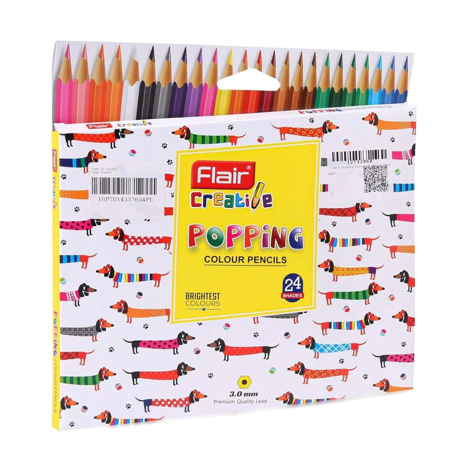 Flair Creative Popping Colour Pencil 24 Shades set featuring vibrant colored pencils in a fun packaging.