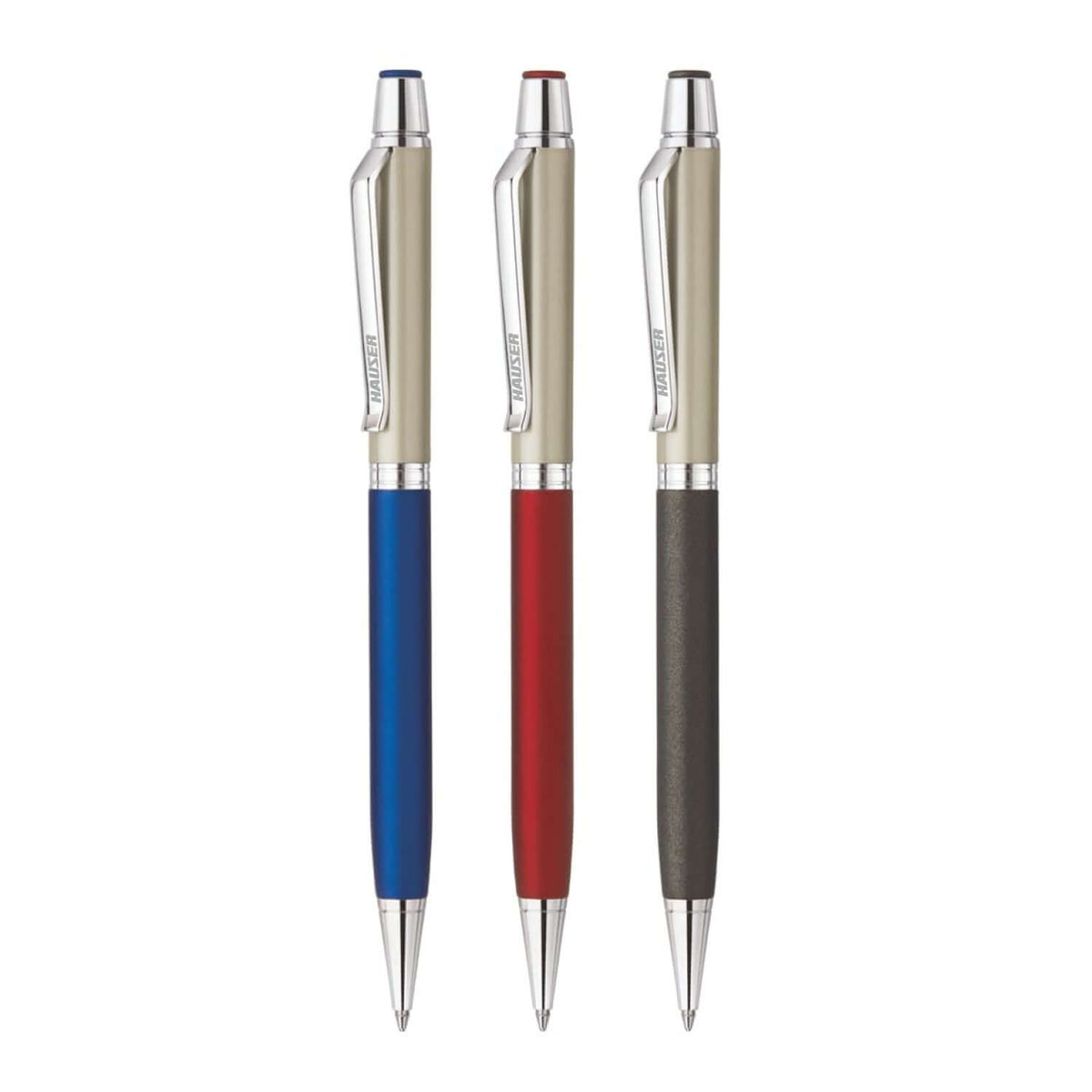 Hauser Prego Ball Pen | Ink Colour - Blue, red and black pens displayed, showcasing ergonomic design and precision ink flow.