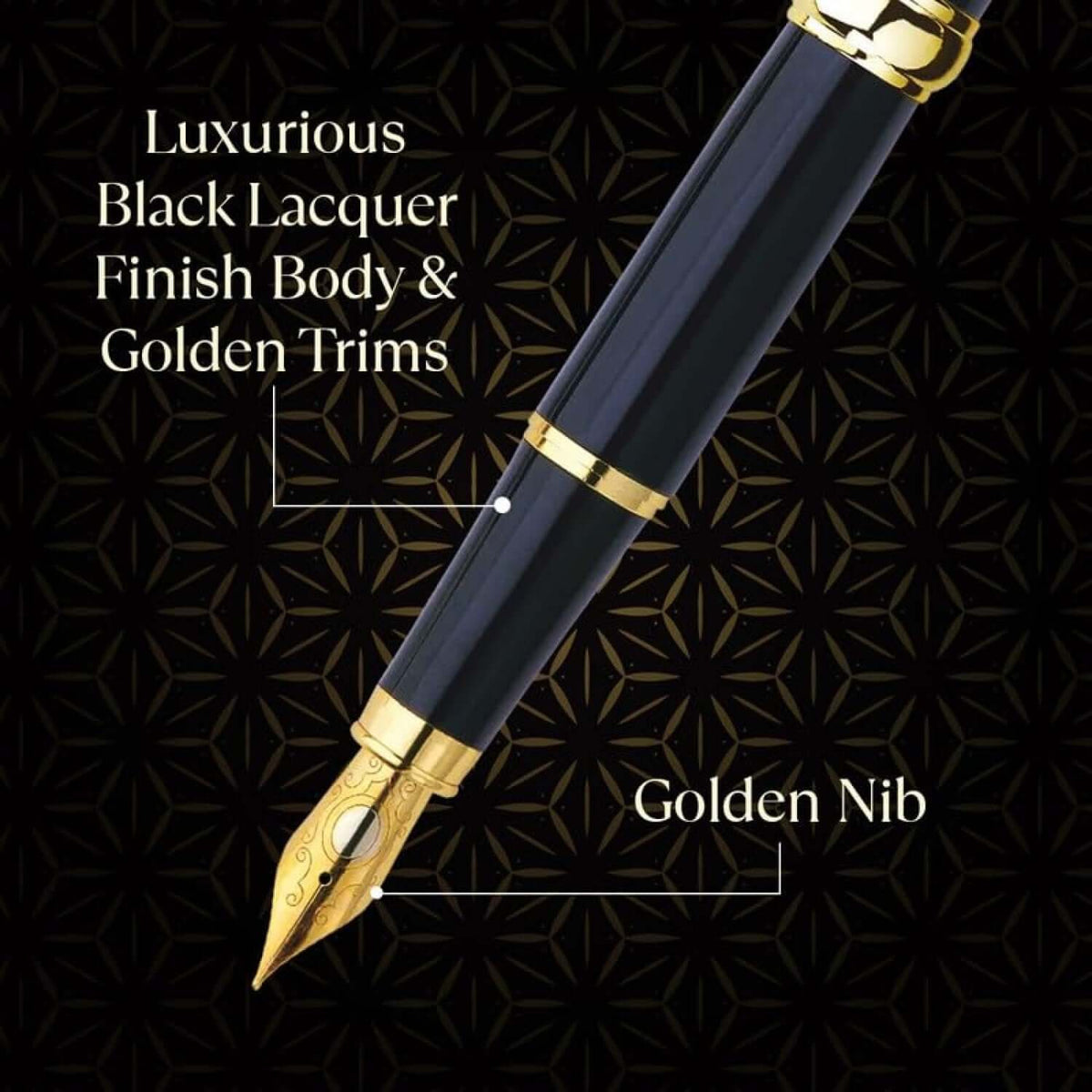 Pierre Cardin President Fountain Pen | Includes 1 Converter and 3 Cartridges with black lacquer finish and golden nib.