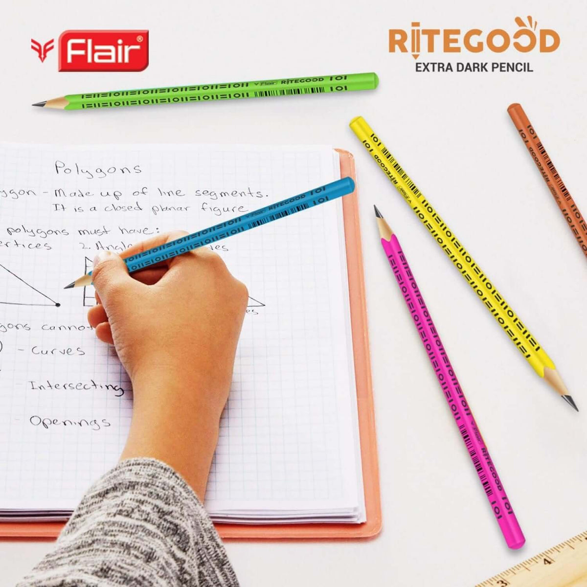 Flair Creative Ritegood Extra Dark Pencils | Includes Eraser and Sharpener on a notebook during writing.