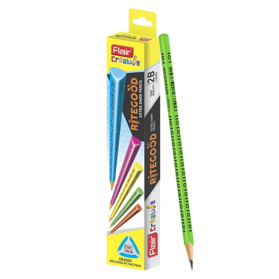 Flair Creative Ritegood Extra Dark Pencils | Includes Eraser and Sharpener packaging with pencils and dust-free eraser