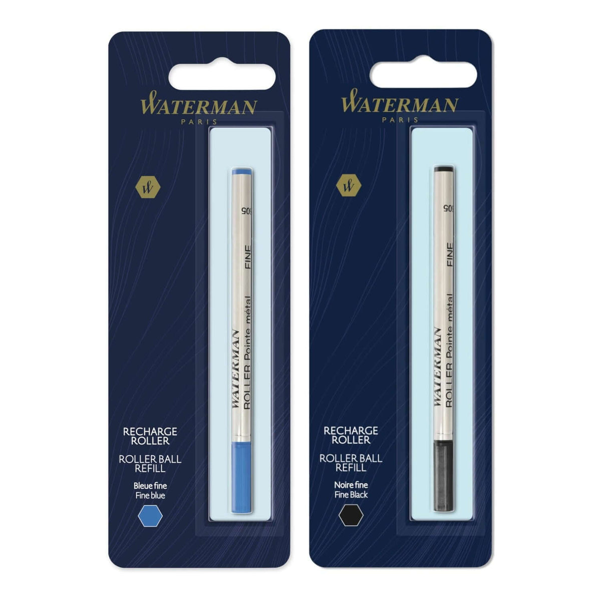 Waterman Roller Ball Refill | Ink Colour - Blue and Black packages showcasing blue and black ink refills.