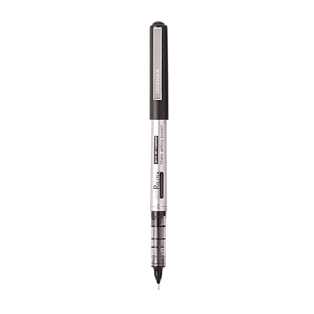 Unomax Rolltek 0.5mm liquid roller pen with black ink, ideal for precision writing and note-taking.
