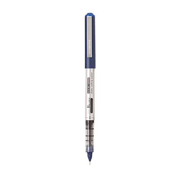 Unomax Rolltek 0.5mm liquid roller pen in blue for precise writing and detailed work.