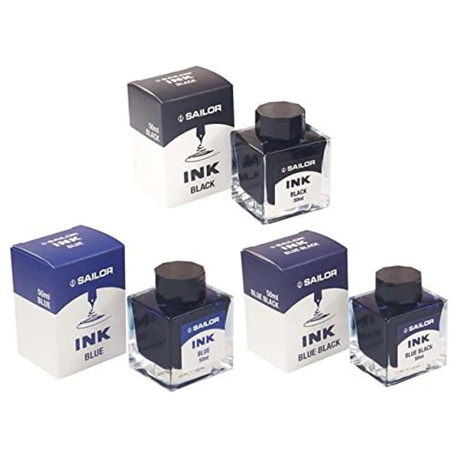 Sailor Dye Ink Bottle - 50ML in black, blue, and blue-black colors, ideal for fountain pen writing.