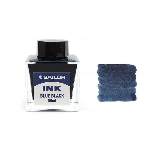 Sailor Dye Ink Bottle - 50ML with blue-black ink swatch for fountain pens.