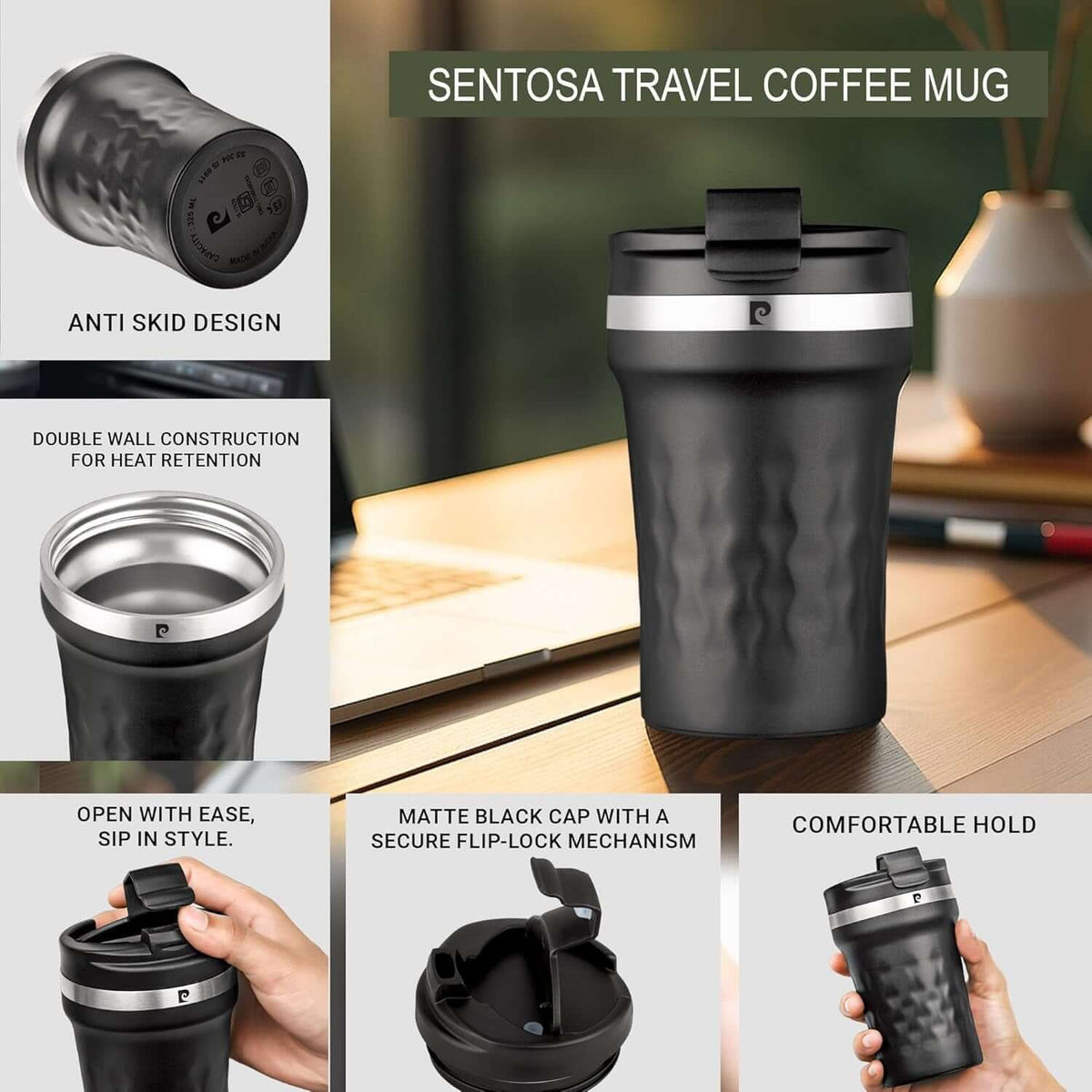 Pierre Cardin Sentosa Gift Set | Set of Mug and Pen - Insulated travel coffee mug with anti-skid design.
