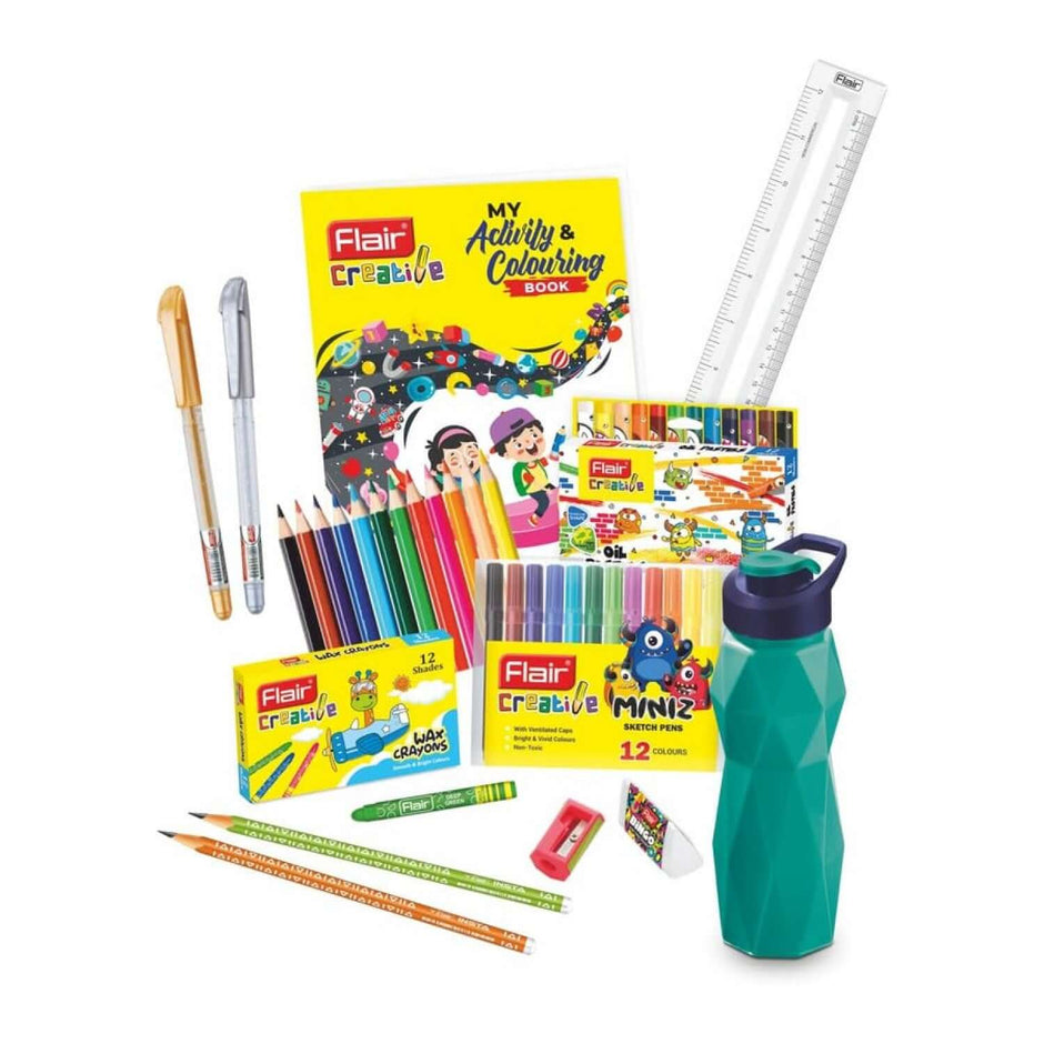 Flair Creative Sip-Zip Kit | Stationery Kit of 11 Items featuring colored pencils, sketch pens, crayons, and sipper.