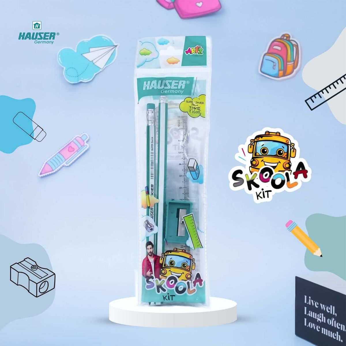 Hauser Artz Skoola Kit | Stationery Kit of 4 Assorted Items in a clear packaging with fun school-themed background.