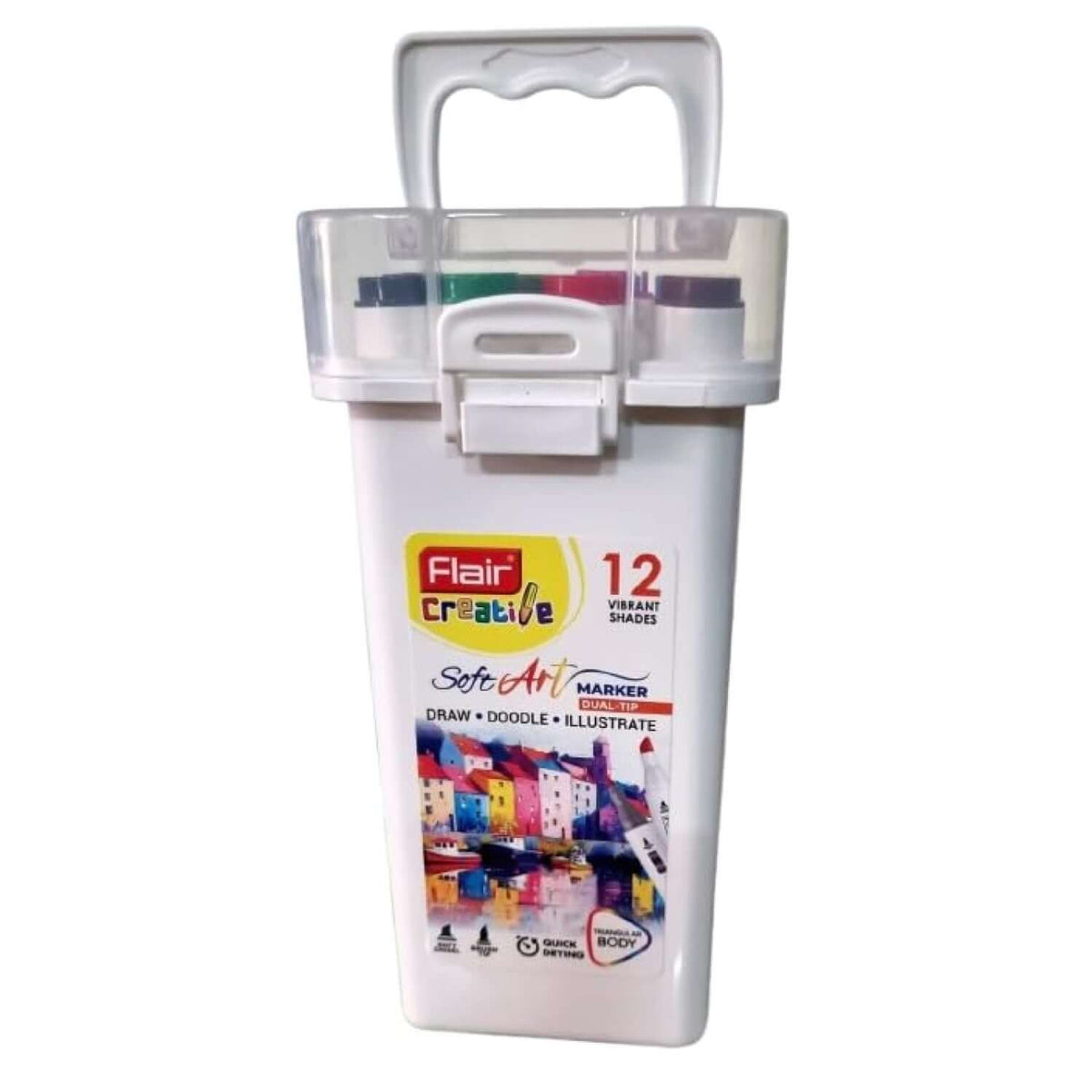 Flair Creative Soft Art Marker 12 Shades | Dual Tip - Brush and Chisel in a package with 12 vibrant colors for artistic expression.