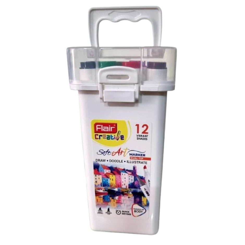 Flair Creative Soft Art Marker 12 Shades | Dual Tip - Brush and Chisel in a package with 12 vibrant colors for artistic expression.