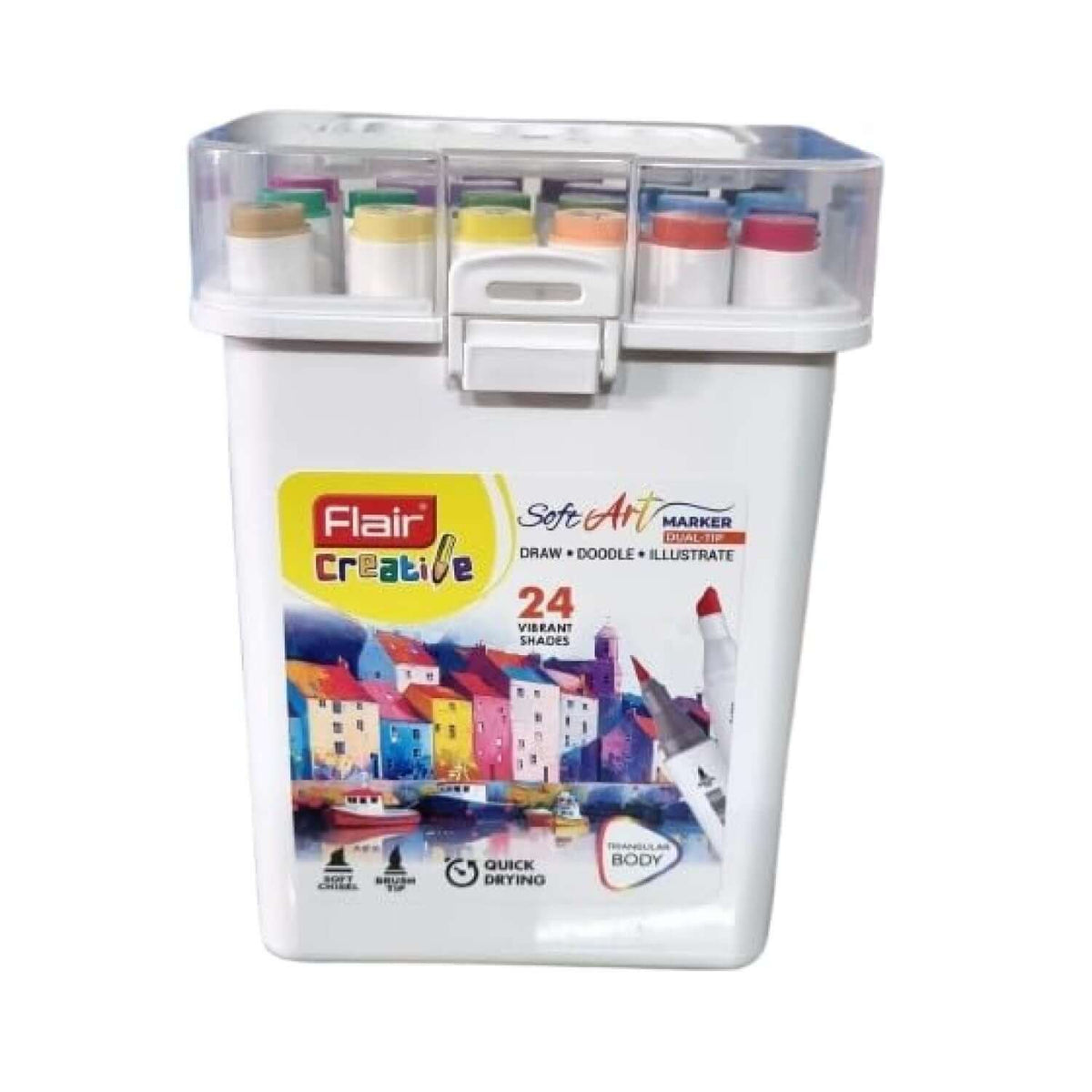 Flair Creative Soft Art Marker 24 Shades | Dual Tip - Brush and Chisel in a colorful storage container.