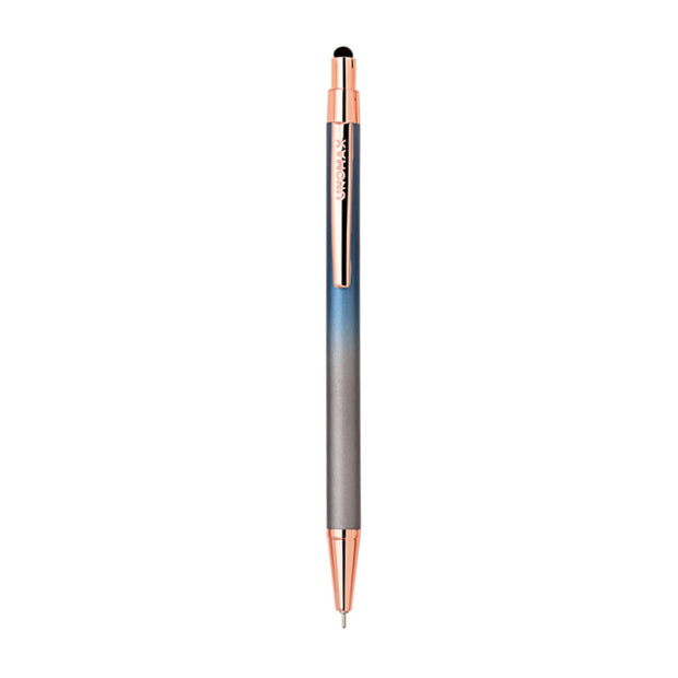 Unomax Sterling Ball Pen in gradient design with rose gold clip and stylus tip, ink colour blue.