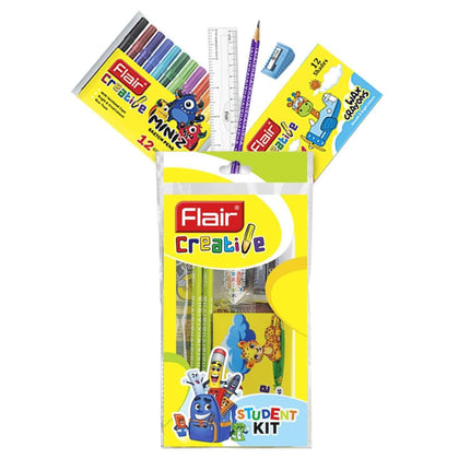 Flair Creative Student Kit | Stationery Kit of 5 Items including pencils, sketch pens, crayons, eraser, scale and sharpener.