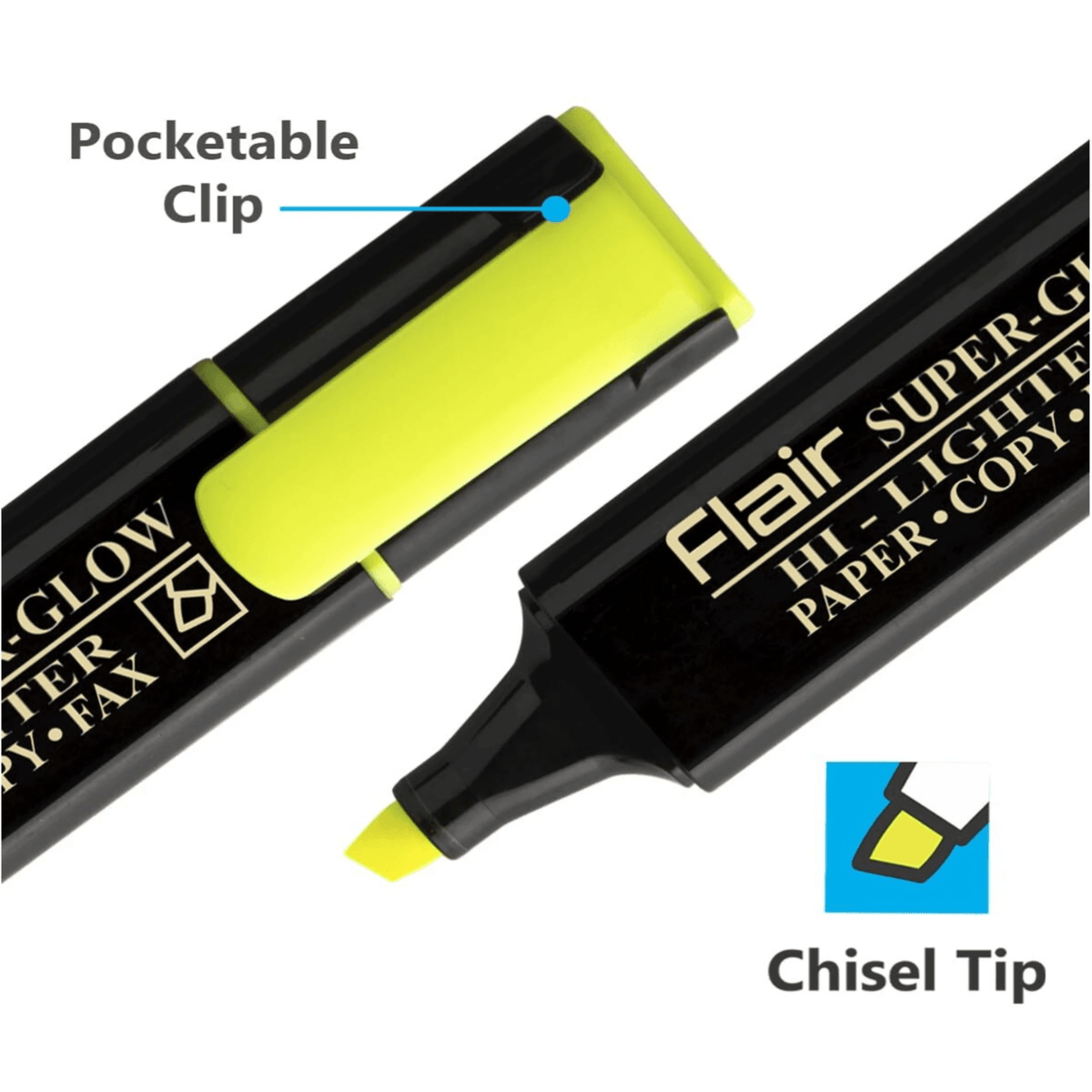 Flair Super Glow Hilighter | Ink Colour - Yellow showing chisel tip and pocketable clip for convenient use.