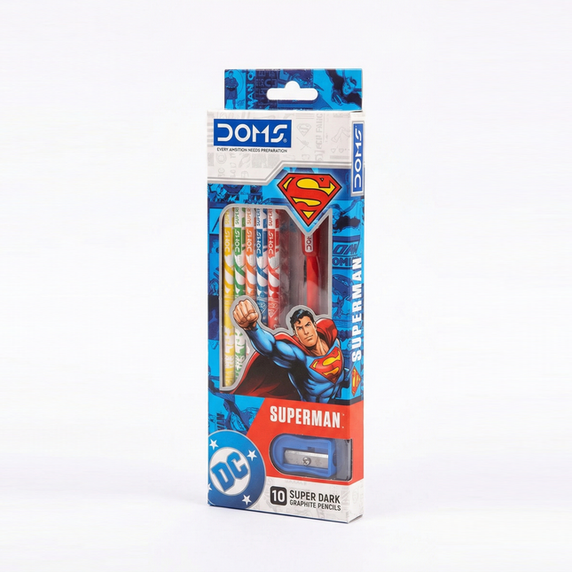 DOMS DC Superman HB Graphite Pencil | Pack of 10 | Includes 1 Eraser and 1 Sharpener