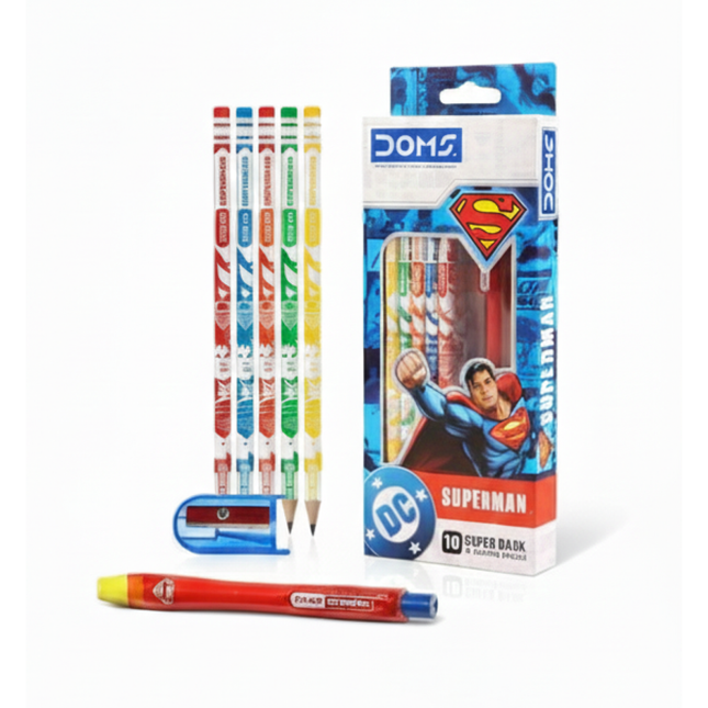DOMS DC Superman HB Graphite Pencil | Pack of 10 | Includes 1 Eraser and 1 Sharpener