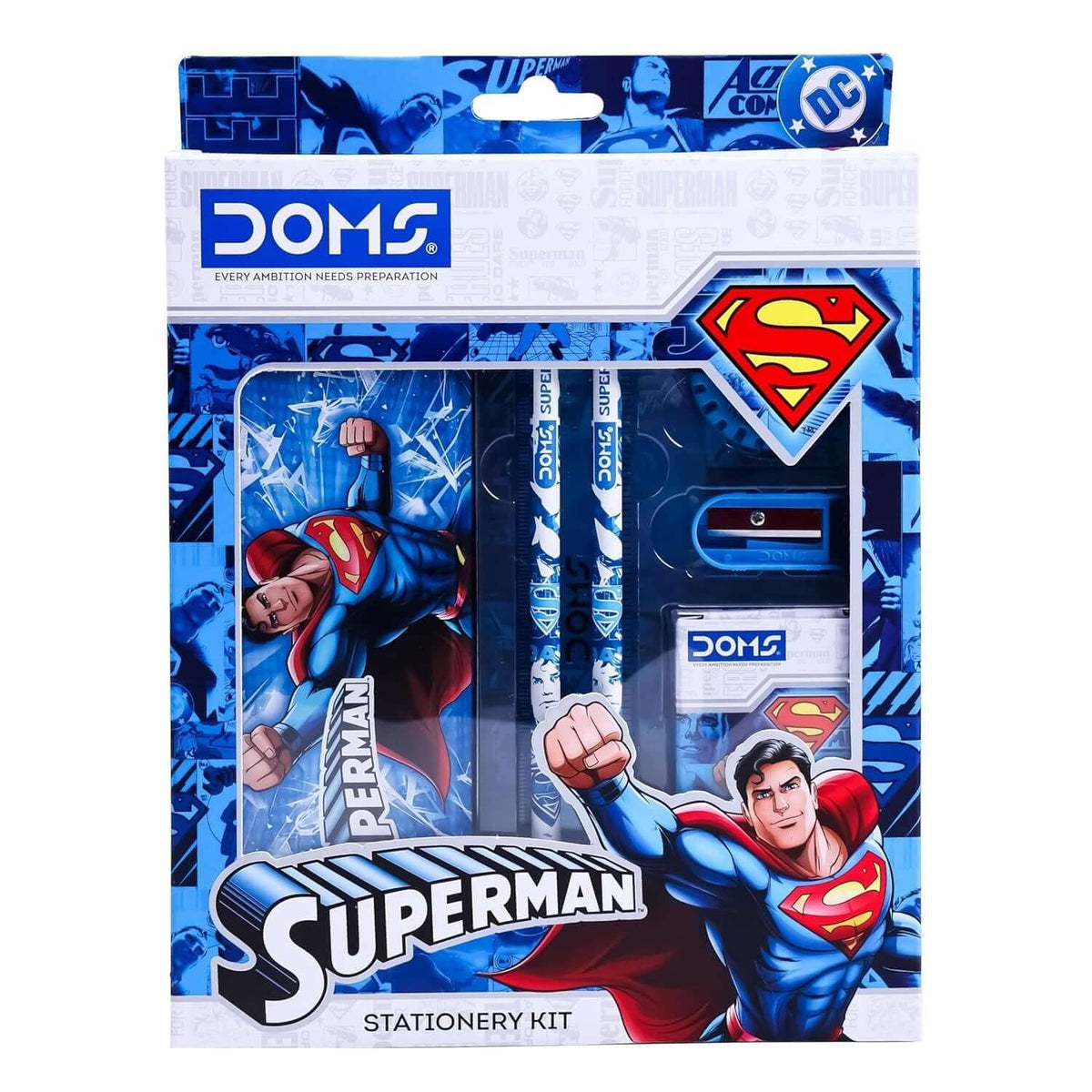 DOMS Superman Stationery Kit | Combination of 6 Stationery Items featuring bold designs and vibrant colors for kids.