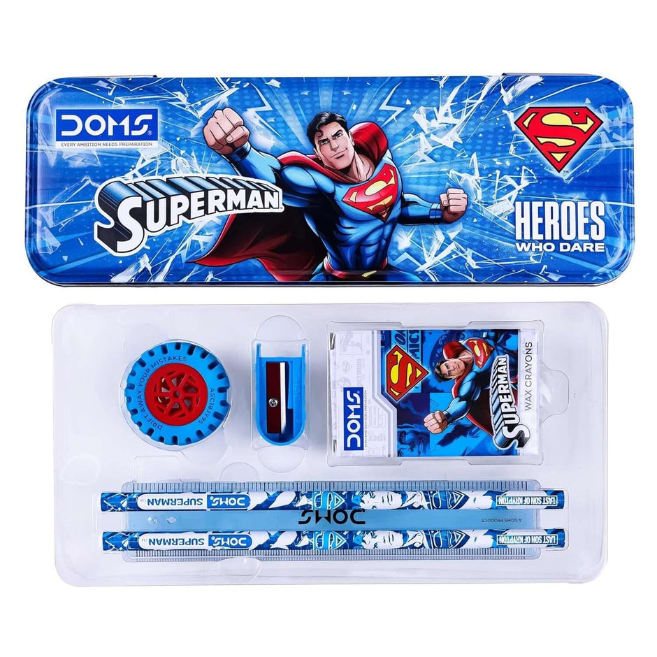 DOMS Superman Stationery Kit | Combination of 6 Stationery Items featuring vibrant Superman graphics and essential school supplies.