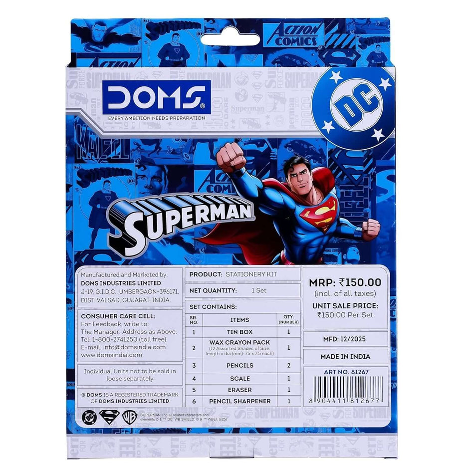 DOMS Superman Stationery Kit | Combination of 6 Stationery Items packaging featuring Superman graphic and item details.