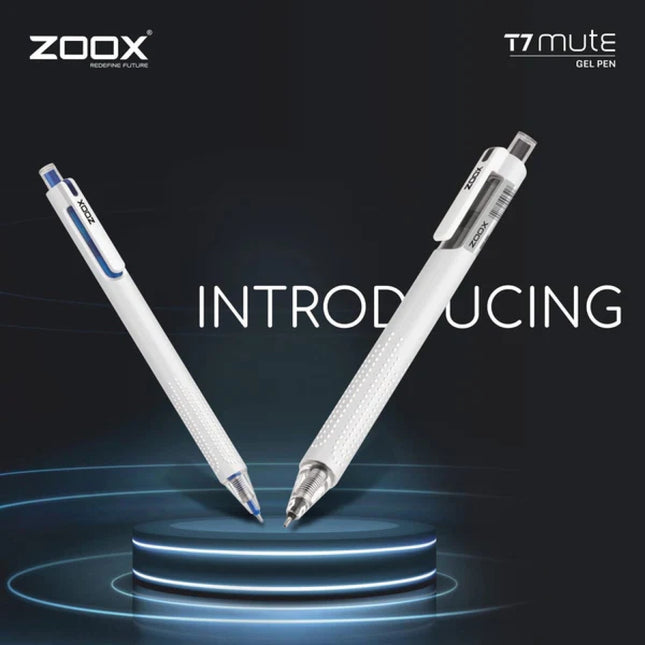 Zoox T7 Mute Gel Pen | Ink Colour - Blue showcasing the innovative design and silent click feature.