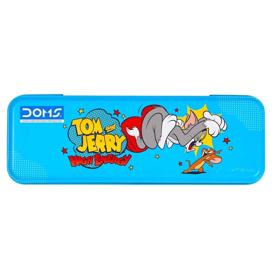Doms Tom and Jerry Metal Pencil Box | High Energy with a vibrant blue design featuring Tom and Jerry in action.