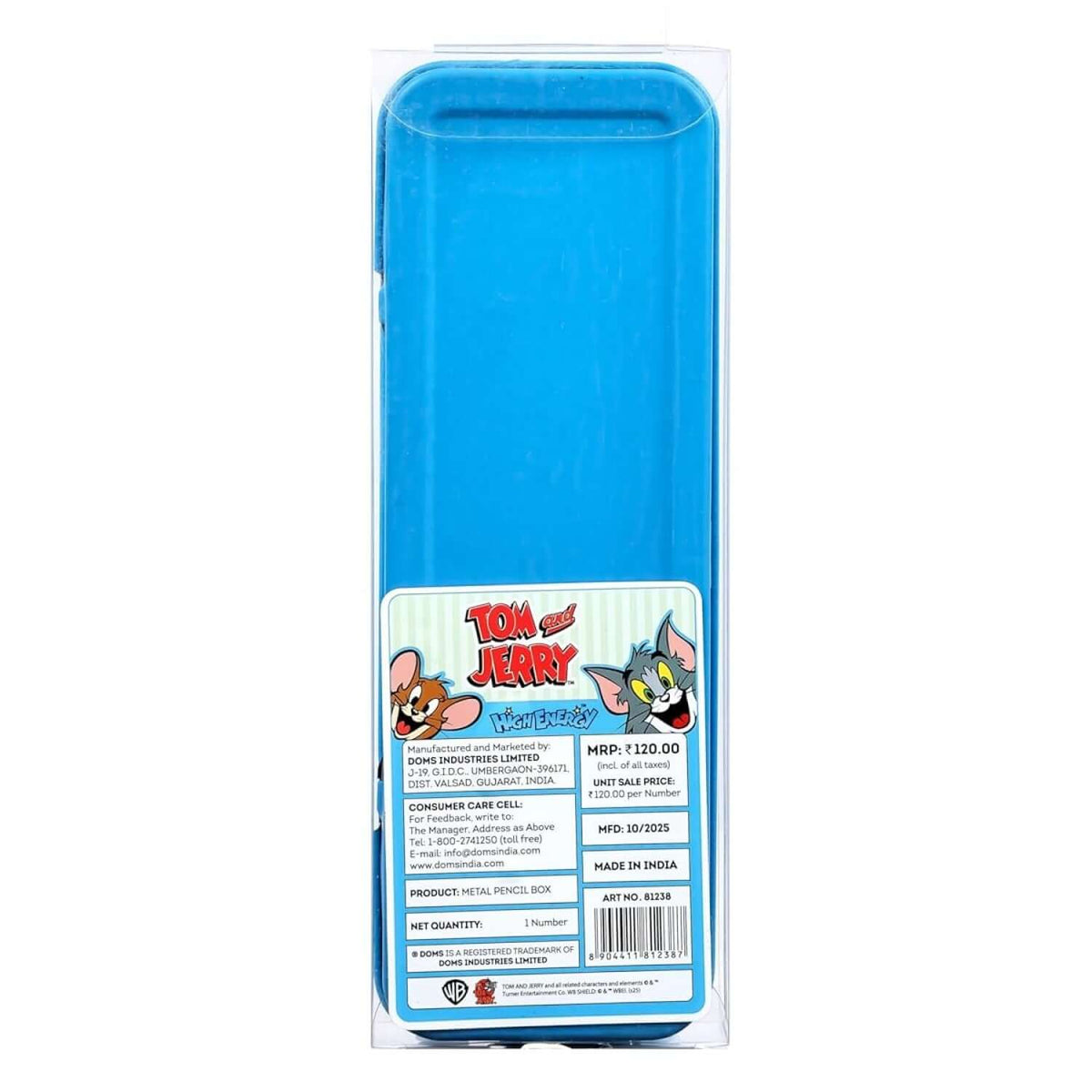 Doms Tom and Jerry Metal Pencil Box | High Energy packaging with vibrant blue design and classic character artwork.