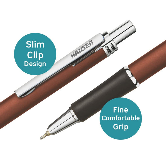 Hauser Trent Ball Pen | Ink Colour - Blue showcasing slim clip design and fine comfortable grip.