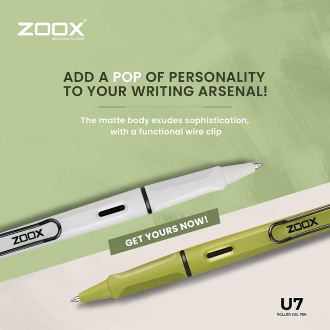 Zoox U7 Roller Gel Pen | Ink Colour - Blue showcasing matte finish and functional wire clip.