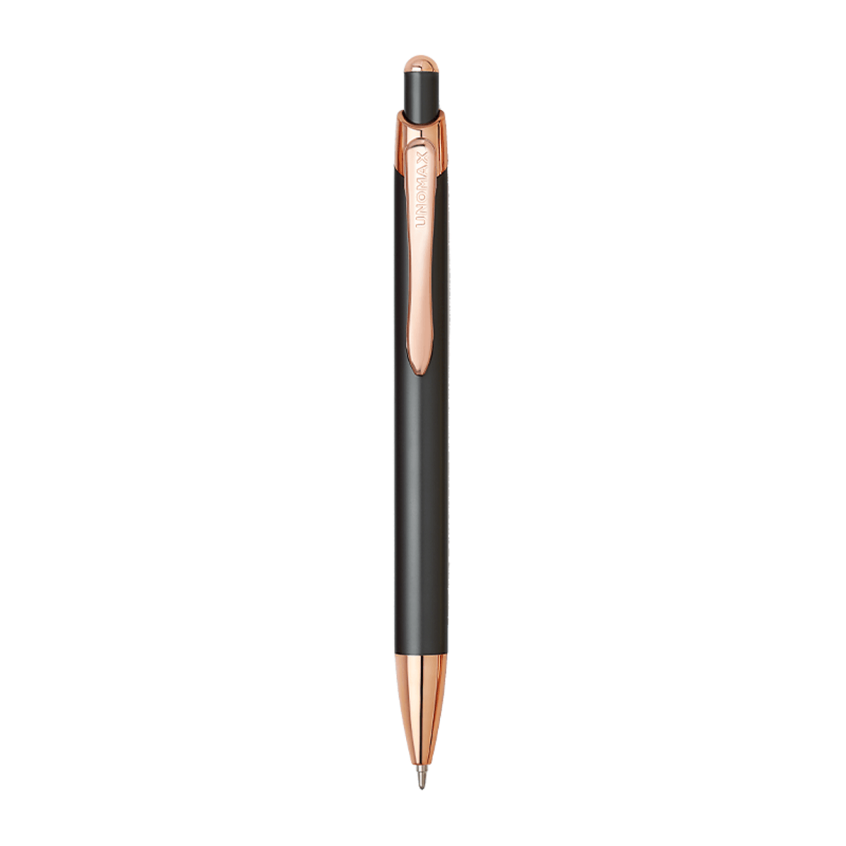 Unomax Excella Ball Pen | Ink Colour - Blue, featuring a sleek black body with a rose gold clip and a fine 0.7mm point.