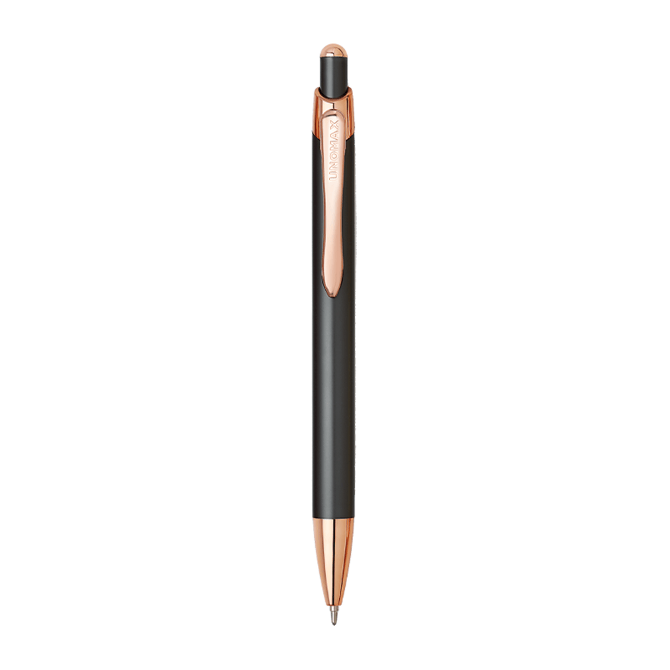 Unomax Excella Ball Pen | Ink Colour - Blue, featuring a sleek black body with a rose gold clip and a fine 0.7mm point.