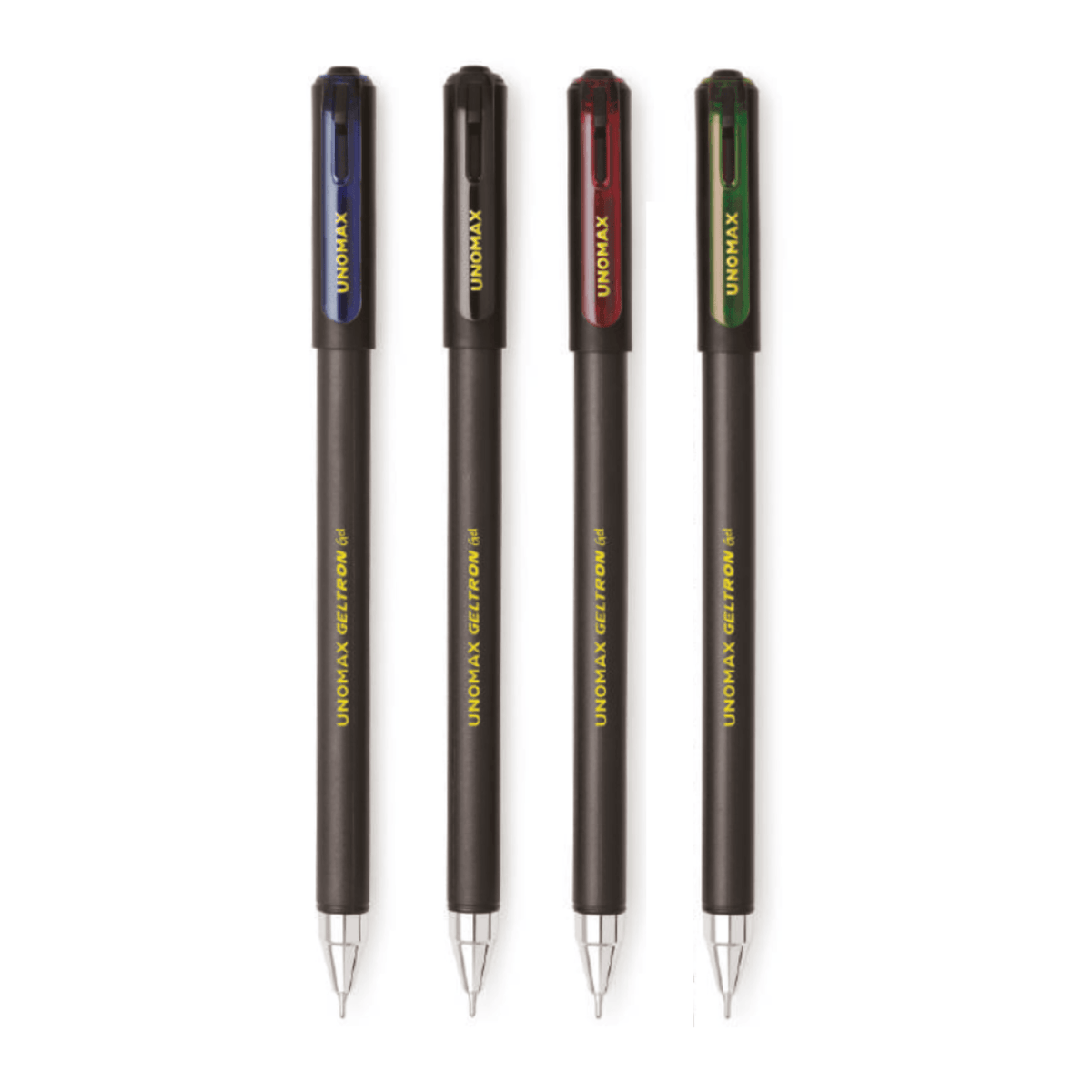 Unomax Geltron Gel Pen | Waterproof Ink | Ink Colour - Blue, Black, Green and Red - Four pens displayed in various ink colors.
